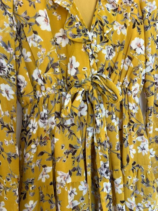 Show Me You MuMu Mustard Floral Dress Addy Yellow Long Sleeve Mini Ruffles Bow S - Picture 4 of 9